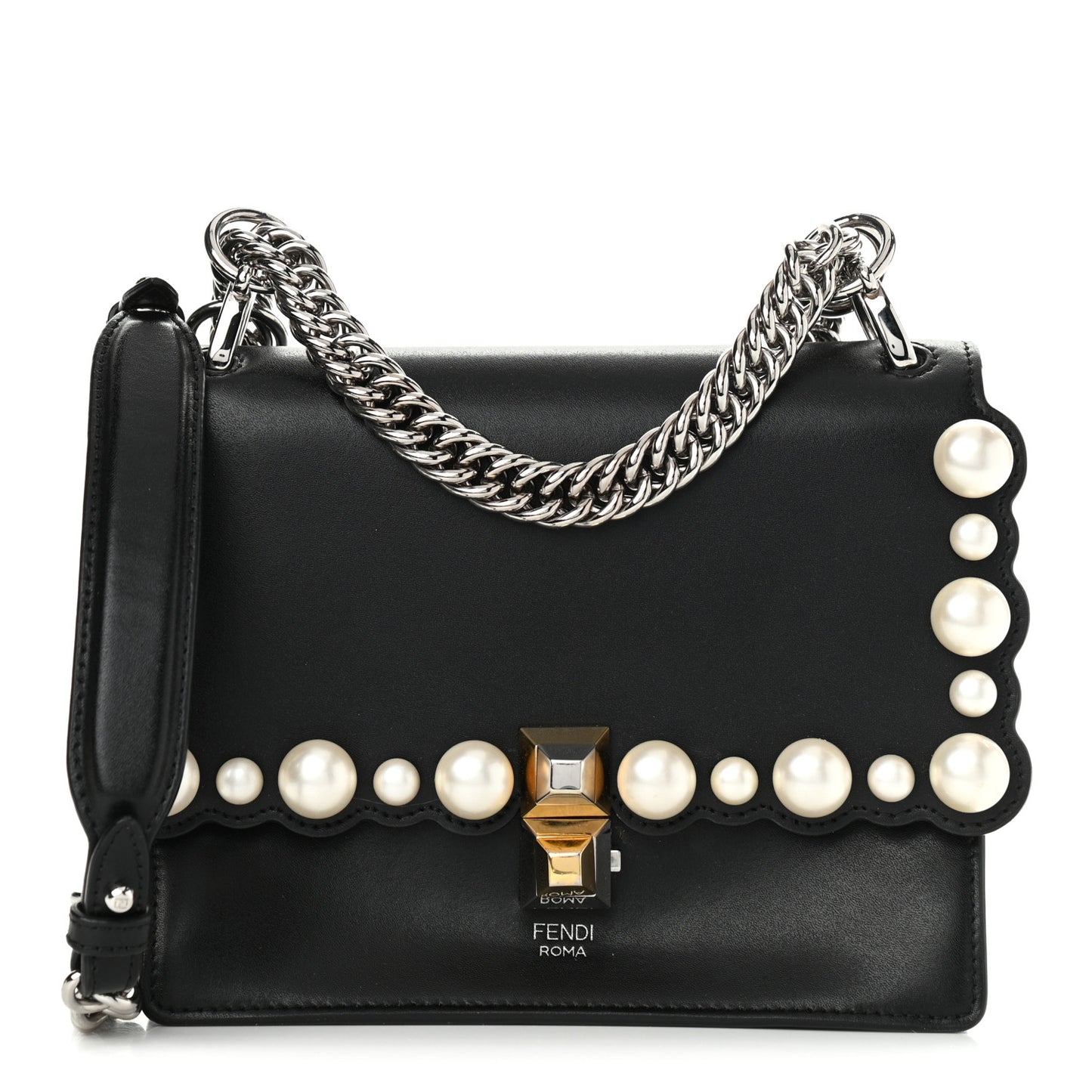 Vitello Liberty Pearl Scalloped Studded Small Kan I Shoulder Bag Black