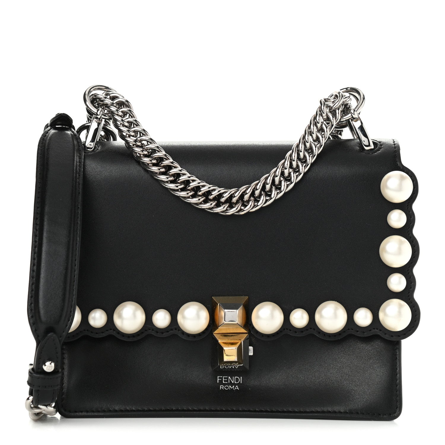 Fendi Vitello Liberty Pearl Scalloped Studded Small Kan I Shoulder Bag Black 2 of 20