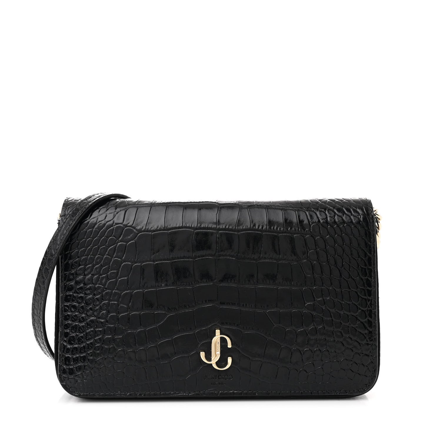 Calfskin Crocodile Embossed Palace Wallet On Chain Black