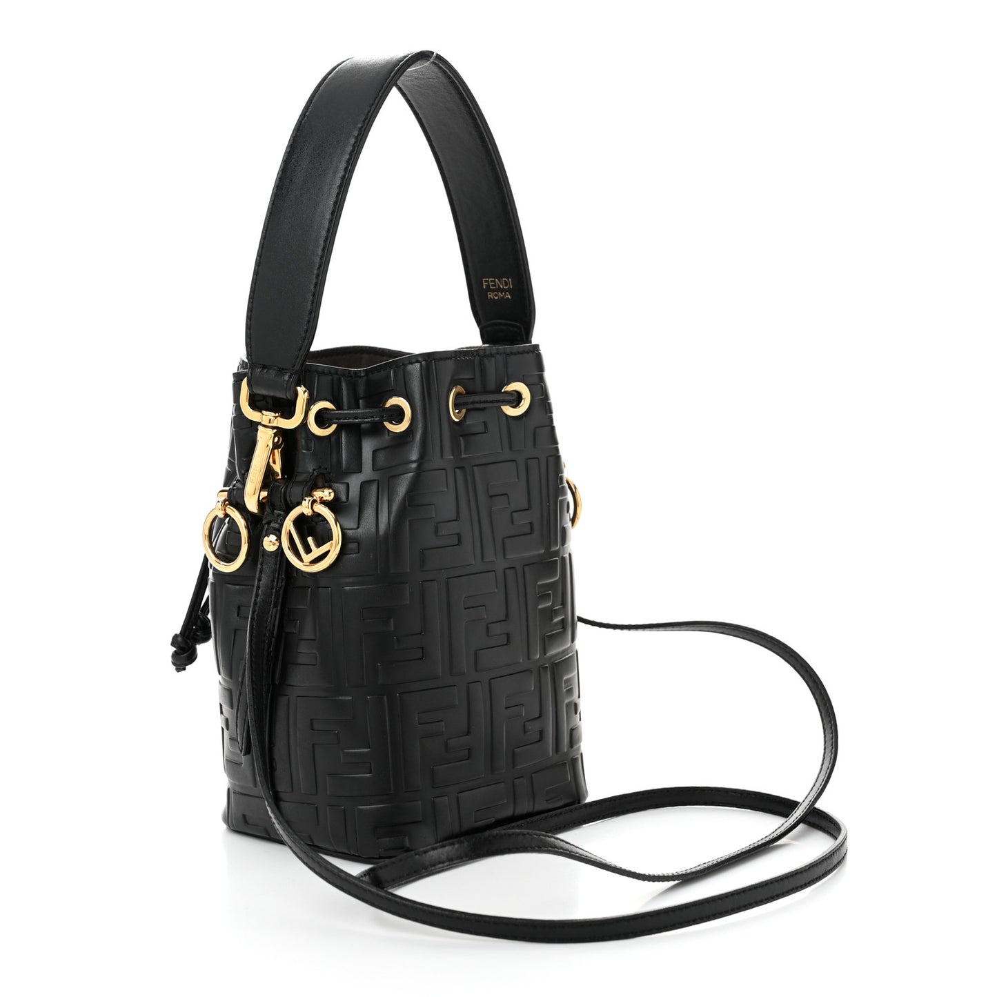 Vitello Liberty F is Fendi FF 1974 Embossed Mini Mon Tresor Bucket Bag Black