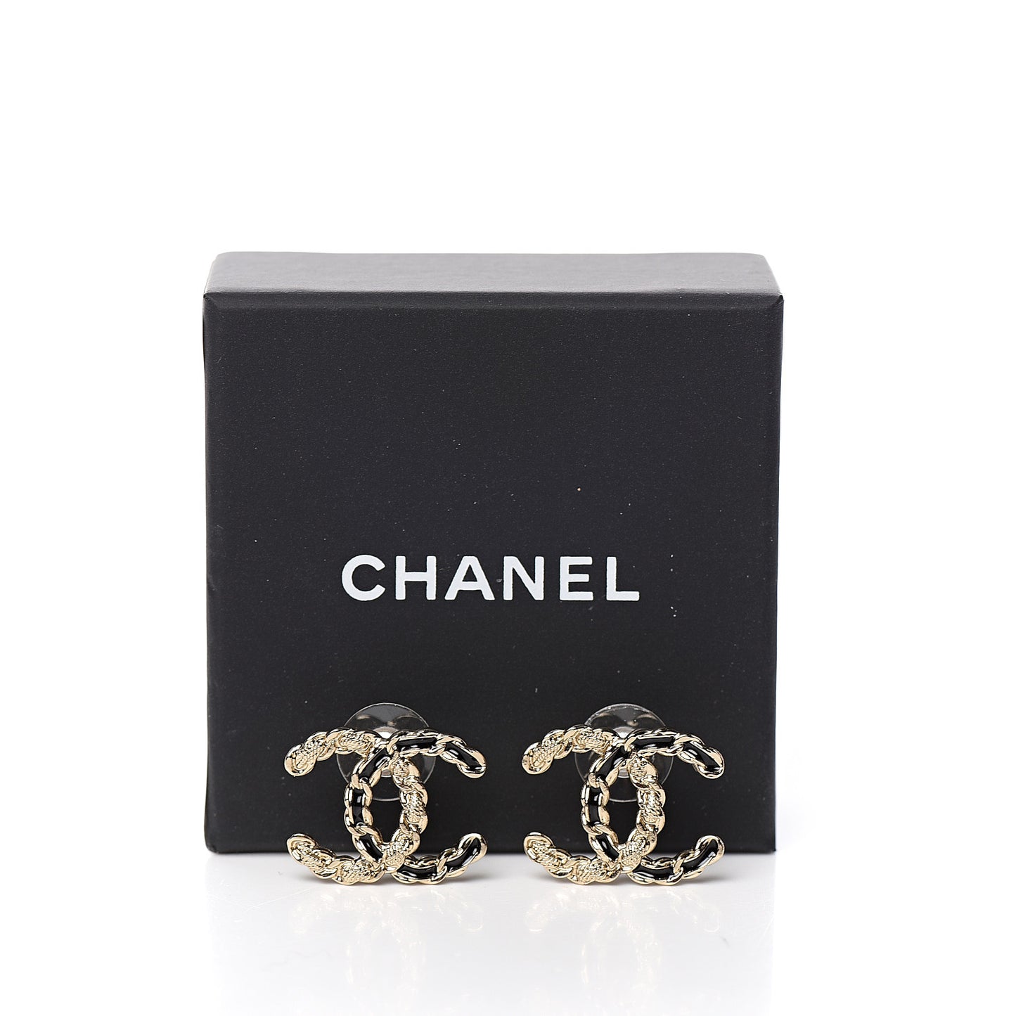 Enamel Metal Chain French New Wave CC Earrings Black Gold