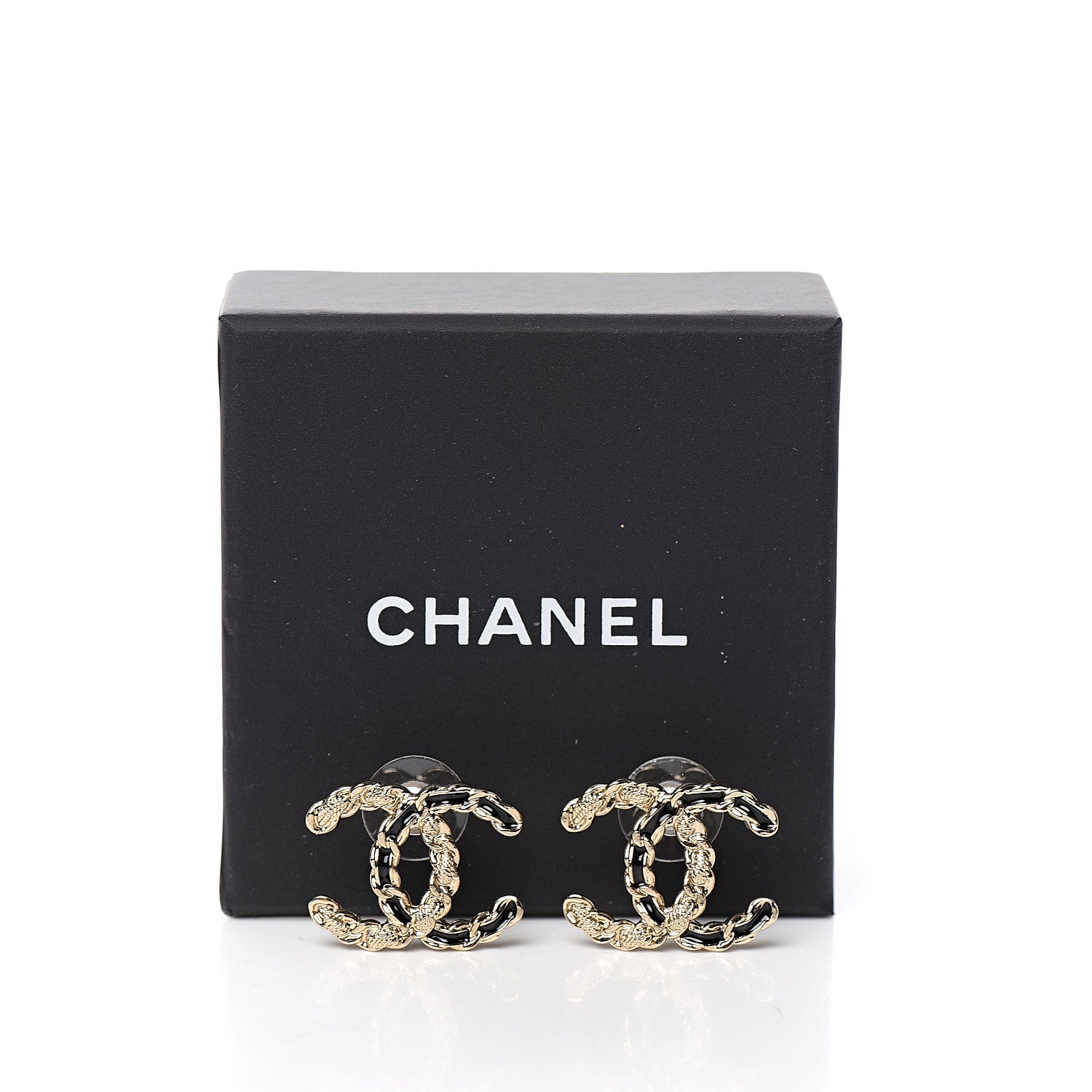 Chanel Enamel Metal Chain French New Wave CC Earrings Black Gold 4 of 4