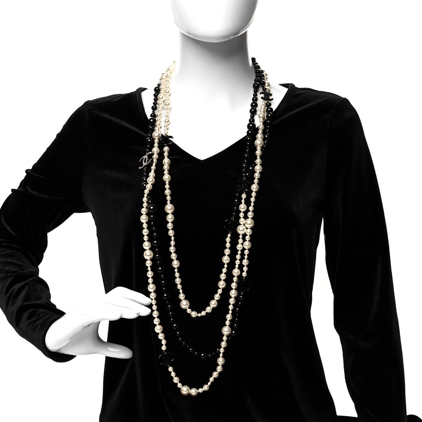Pearl Bead CC Long Double Strand Necklace Black White