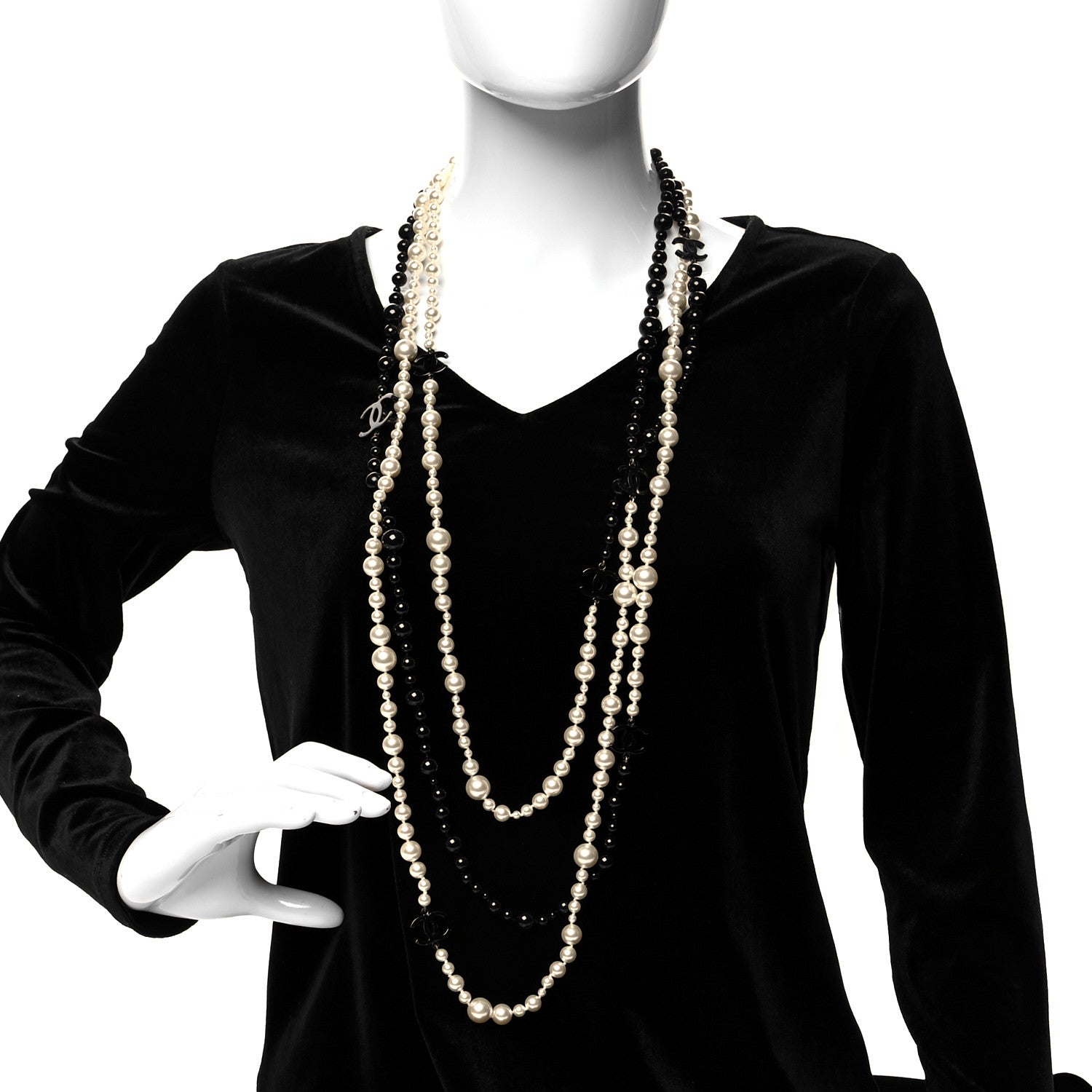 Chanel Pearl Bead CC Long Double Strand Necklace Black White 2 of 5