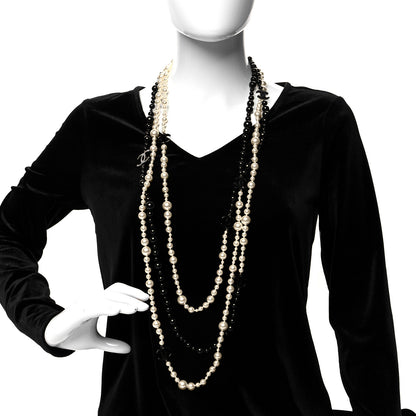 Chanel Pearl Bead CC Long Double Strand Necklace Black White 2 of 5