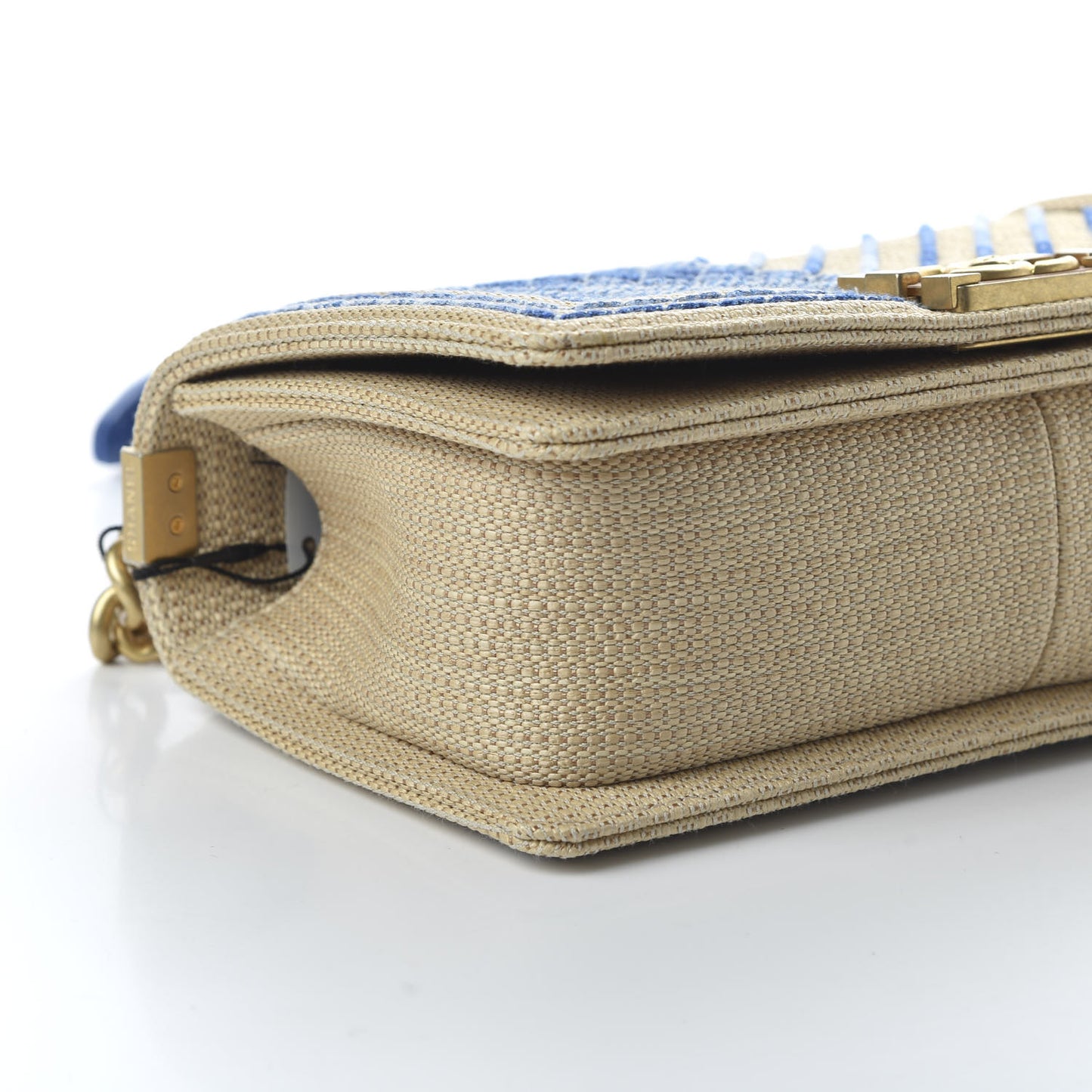 Cotton Canvas Calfskin Chevron Embroidered Medium Boy Flap Beige Blue
