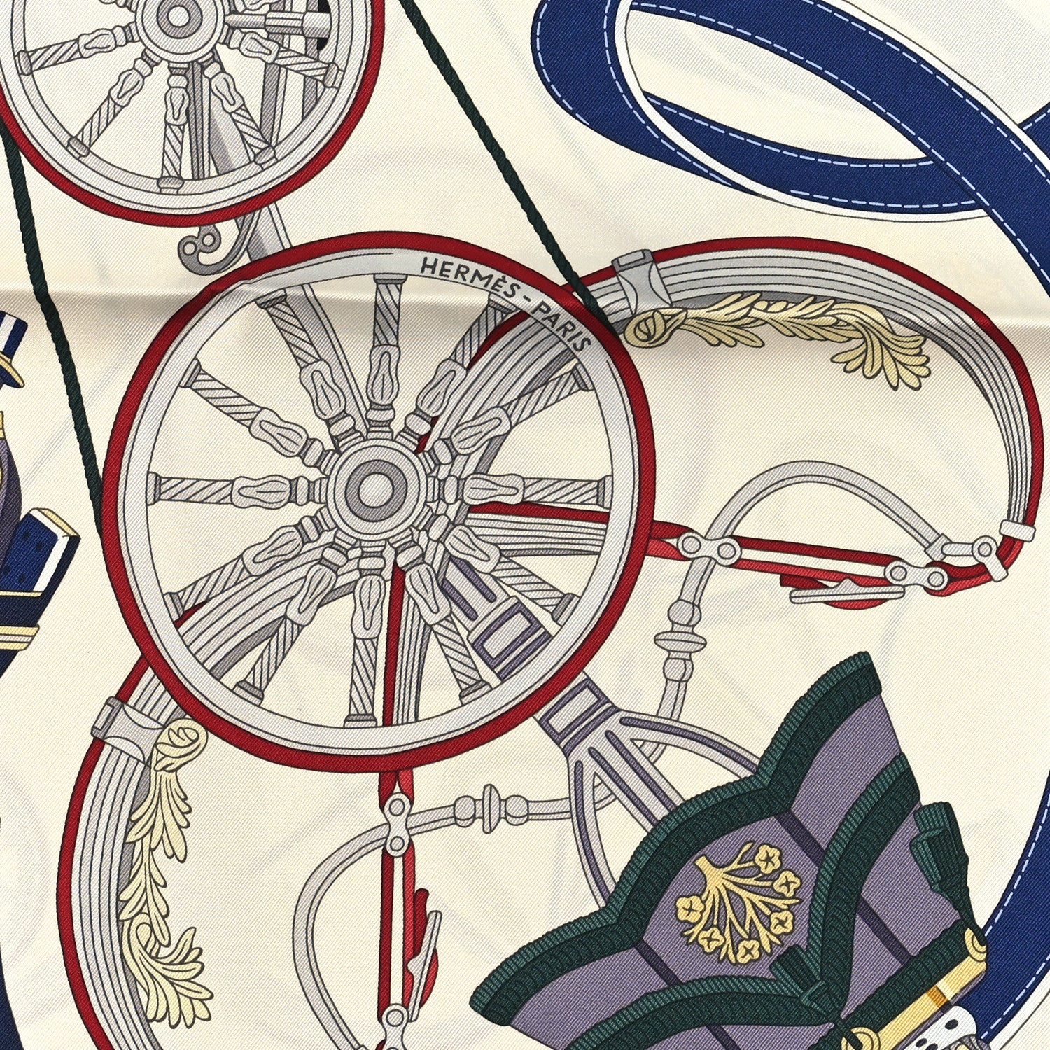 Hermes Silk Stately Wheels Scarf 90 Creme Bordeaux Bleu 2 of 3