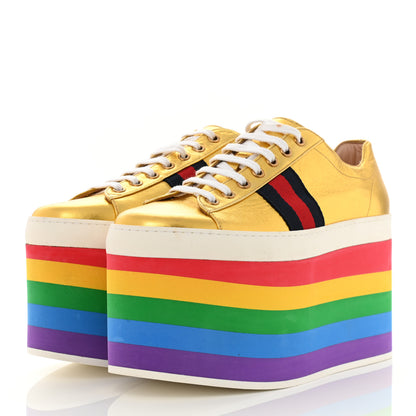 Gucci Metallic Nappa Peggy Platform Sneakers 39 Oro Vecchio 3 of 11