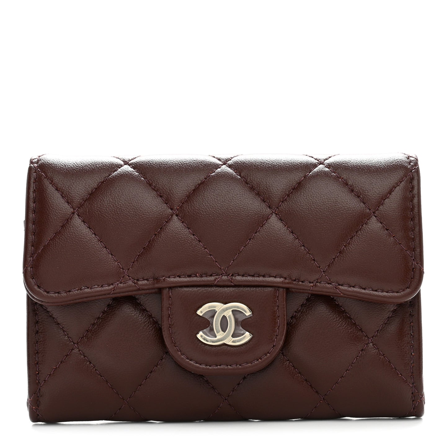 Lambskin Quilted Flap Card Holder Wallet Dark Brown