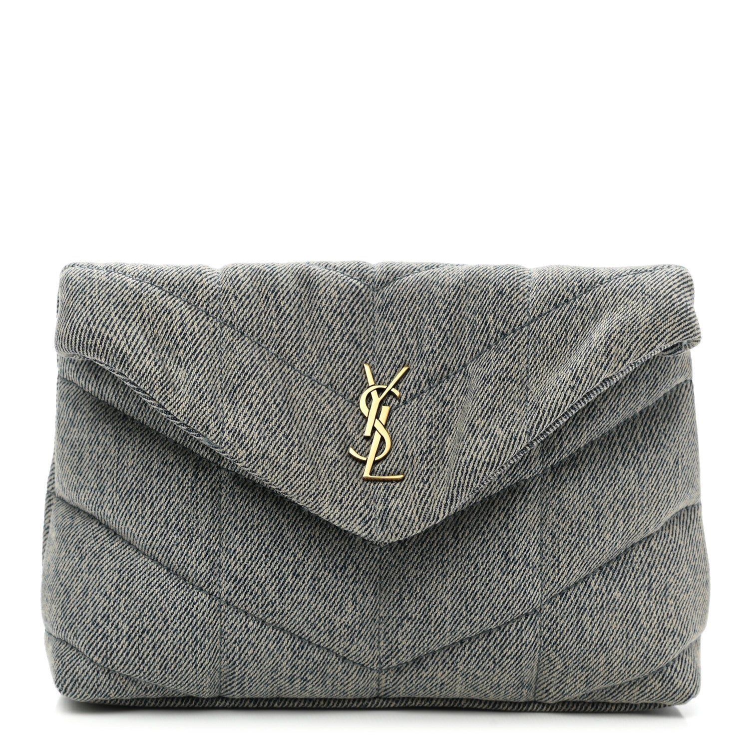 Saint Laurent Denim Quilted Monogram Loulou Puffer Pouch Clutch Blue Gray Light Azur 1 of 8