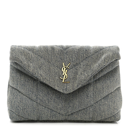 Saint Laurent Denim Quilted Monogram Loulou Puffer Pouch Clutch Blue Gray Light Azur 1 of 8