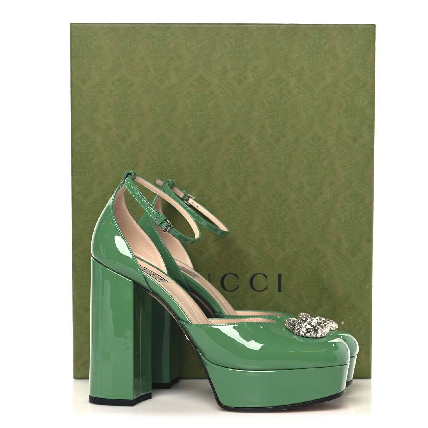 Gucci Patent Crystal Double G Platform Pumps 38.5 New Shamarock 10 of 10