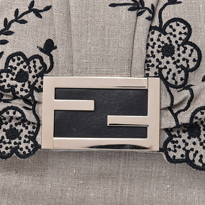 Fendi Linen Embroidered Mia Shoulder Flap Beige Black 15 of 15