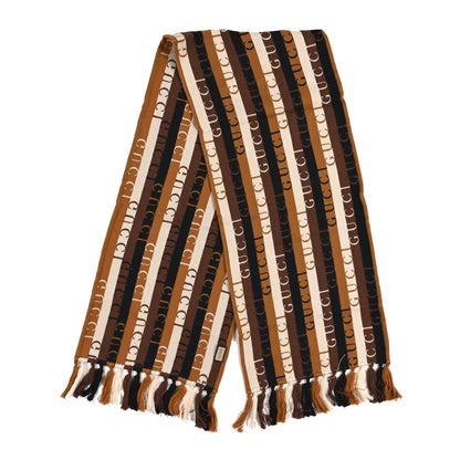 Gucci Wool Cotton Logo Wood Stripes Scarf Light Brown Dark Brown 2 of 3