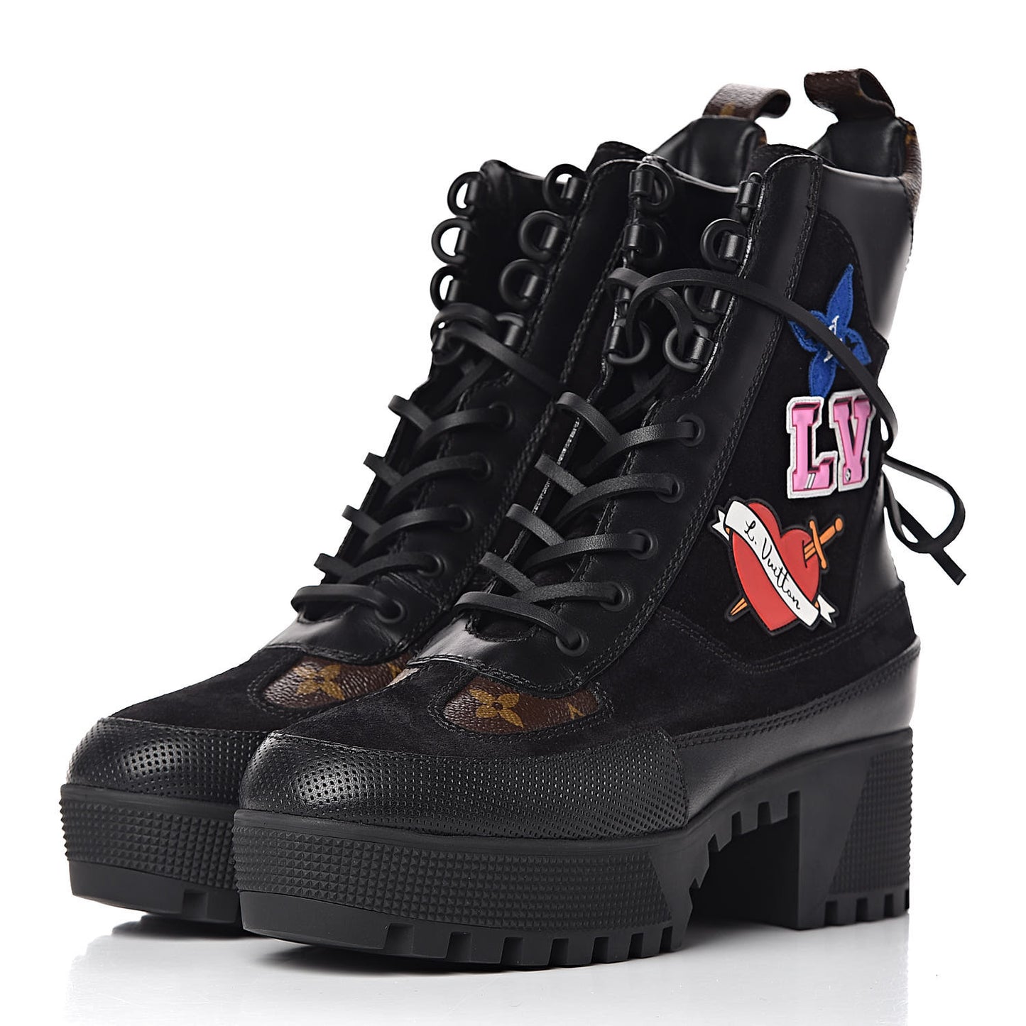 Suede Calfskin Monogram LV Black Heart Laureate Platform Desert Boots 37.5 Black