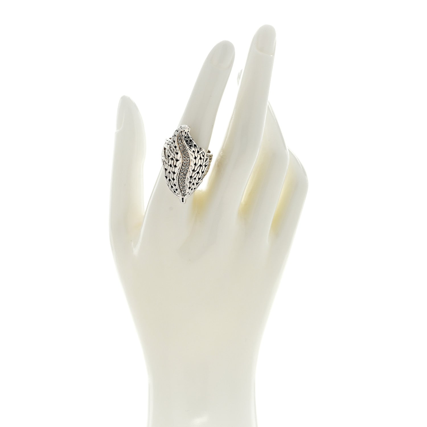 John Hardy Sterling Silver 18K Yellow Gold Diamond Ayu Leaf Ring 53 6.5 2 of 4