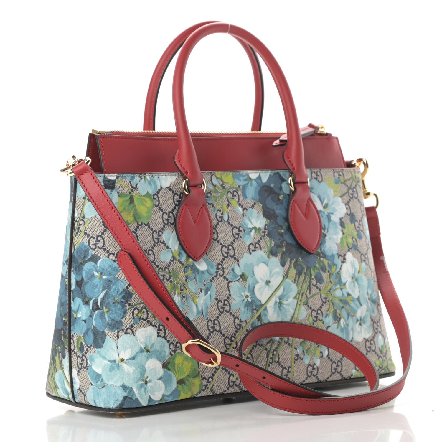 Gucci GG Supreme Monogram Blooms Medium Zip Top Tote Beige Blue Navy Hibiscus Red 3 of 12