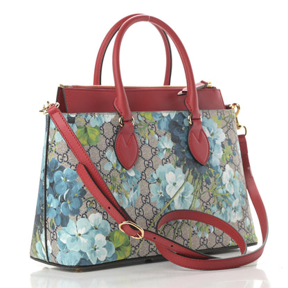 Gucci GG Supreme Monogram Blooms Medium Zip Top Tote Beige Blue Navy Hibiscus Red 3 of 12