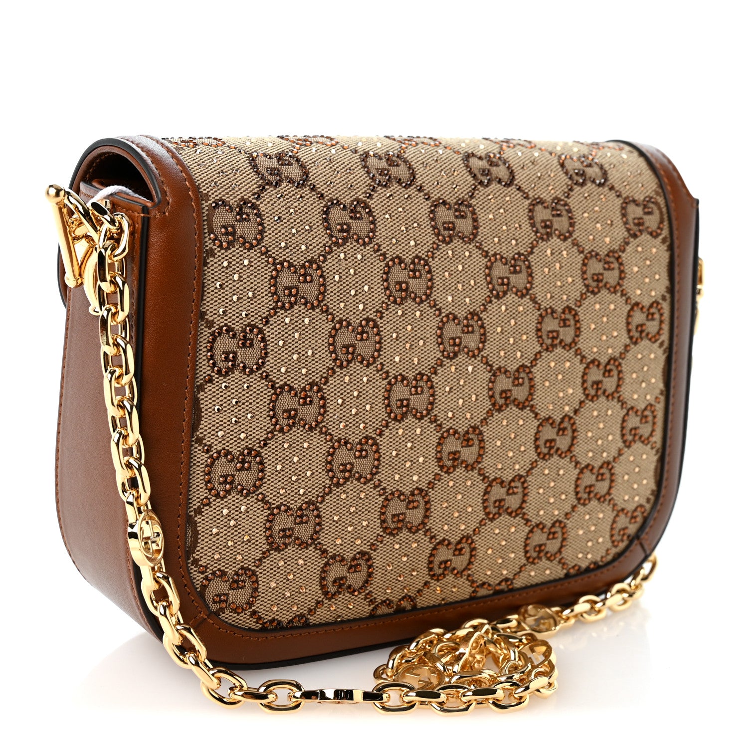 Gucci New Canvas Charisma Calfskin Crystal GG Monogram Mini Horsebit 1955 Shoulder Bag Camel Ebony 3 of 10