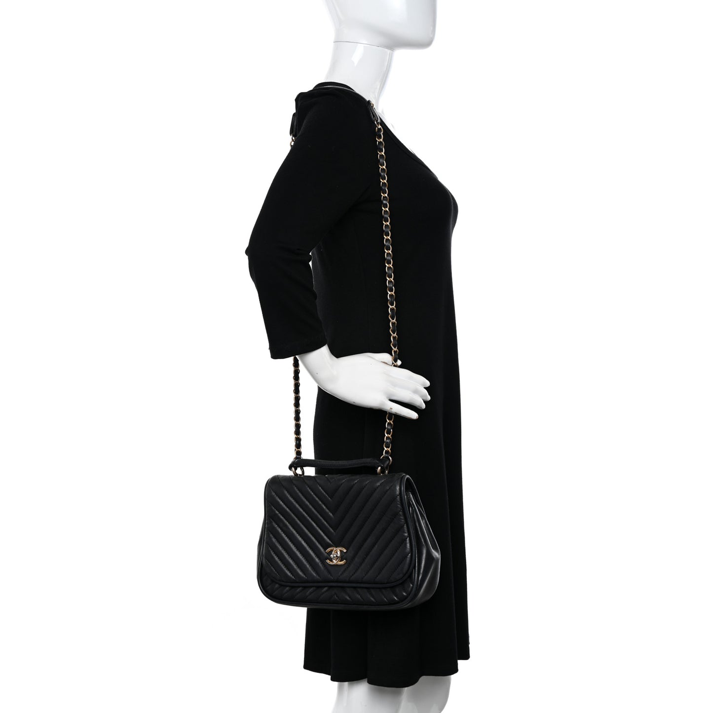 Lambskin Reverse Chevron Quilted Round Top Handle Flap Black