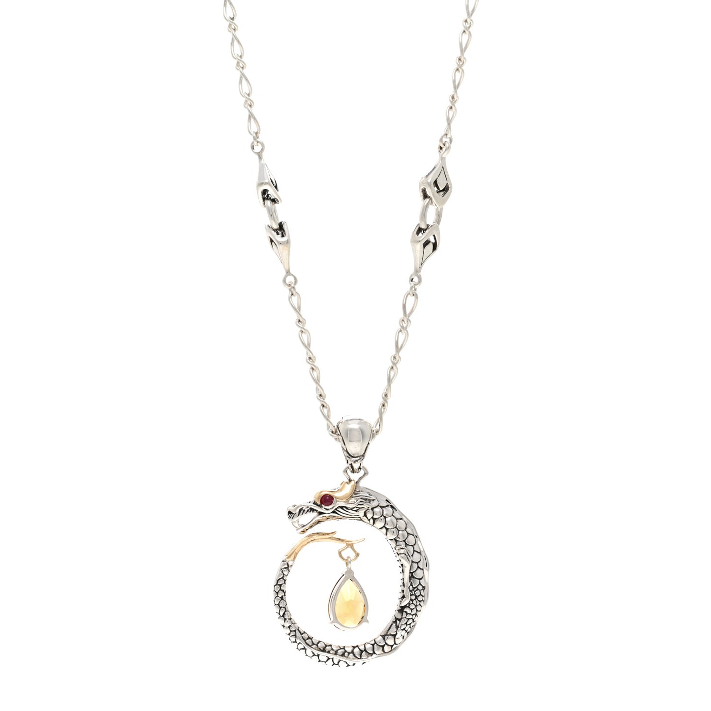 Sterling Silver 18K Yellow Gold Citrine Ruby Legends Naga Pendant Necklace