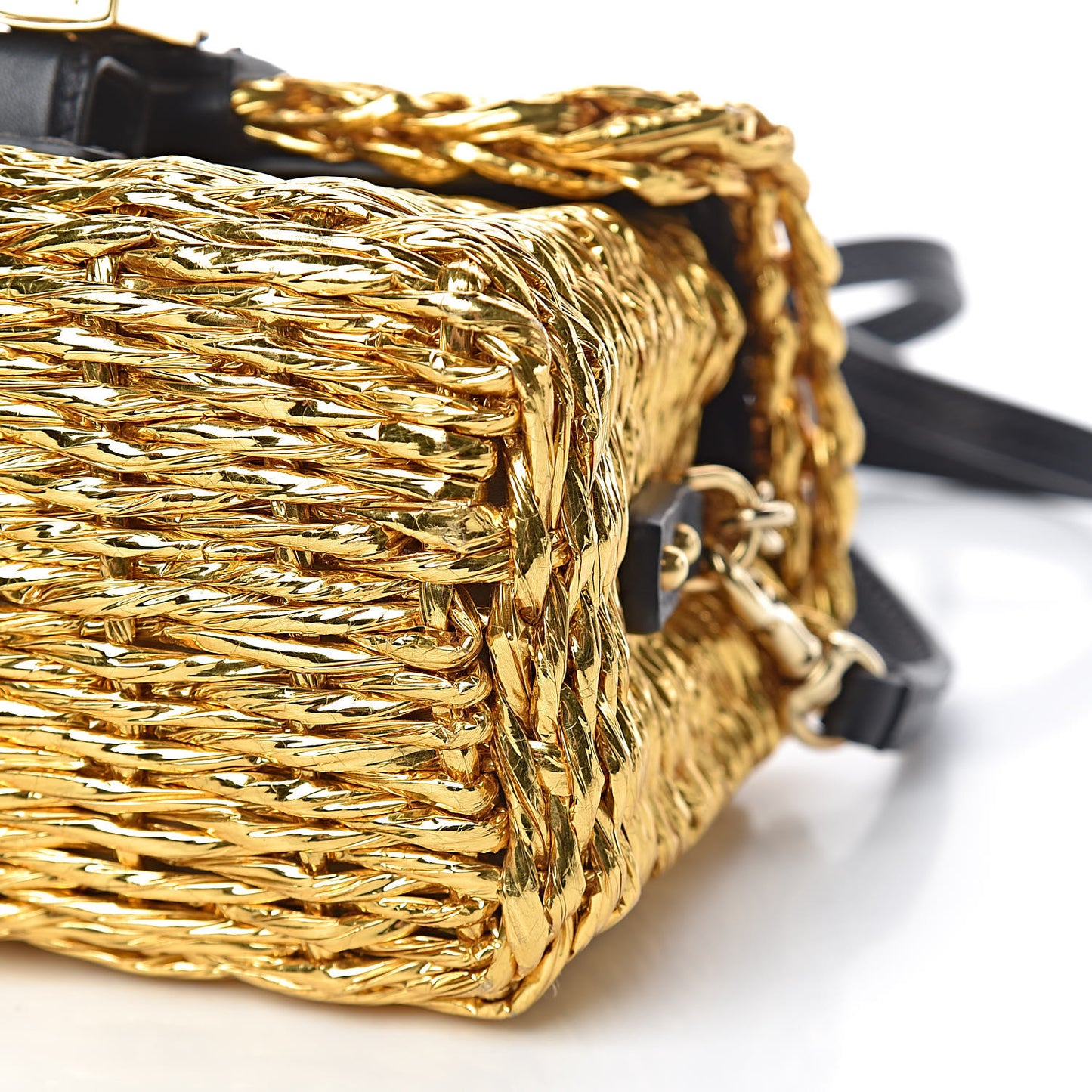 Metallic Coated Woven Raffia Shoulder Bag Gold