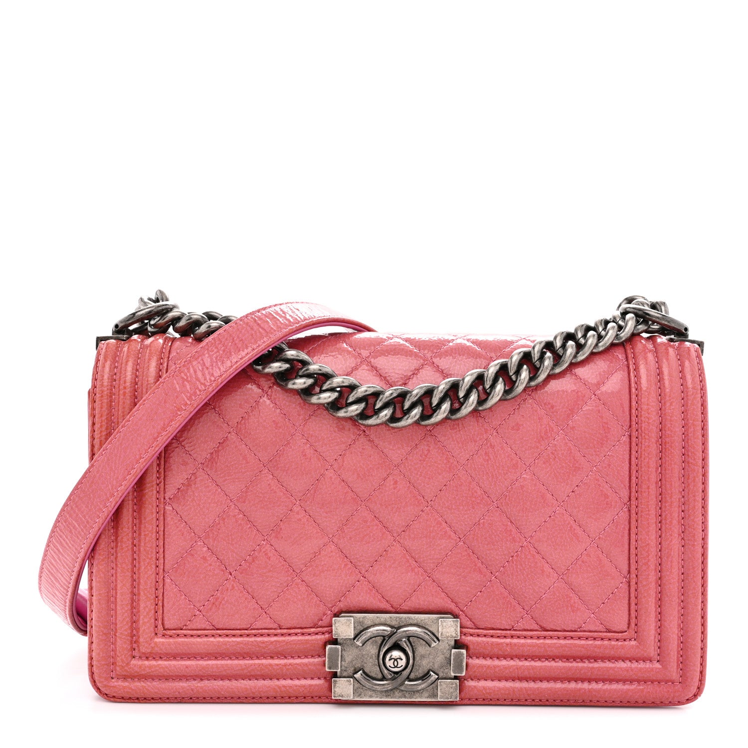 Chanel Distressed Patent Quilted Medium Boy Flap Pink 1 of 13