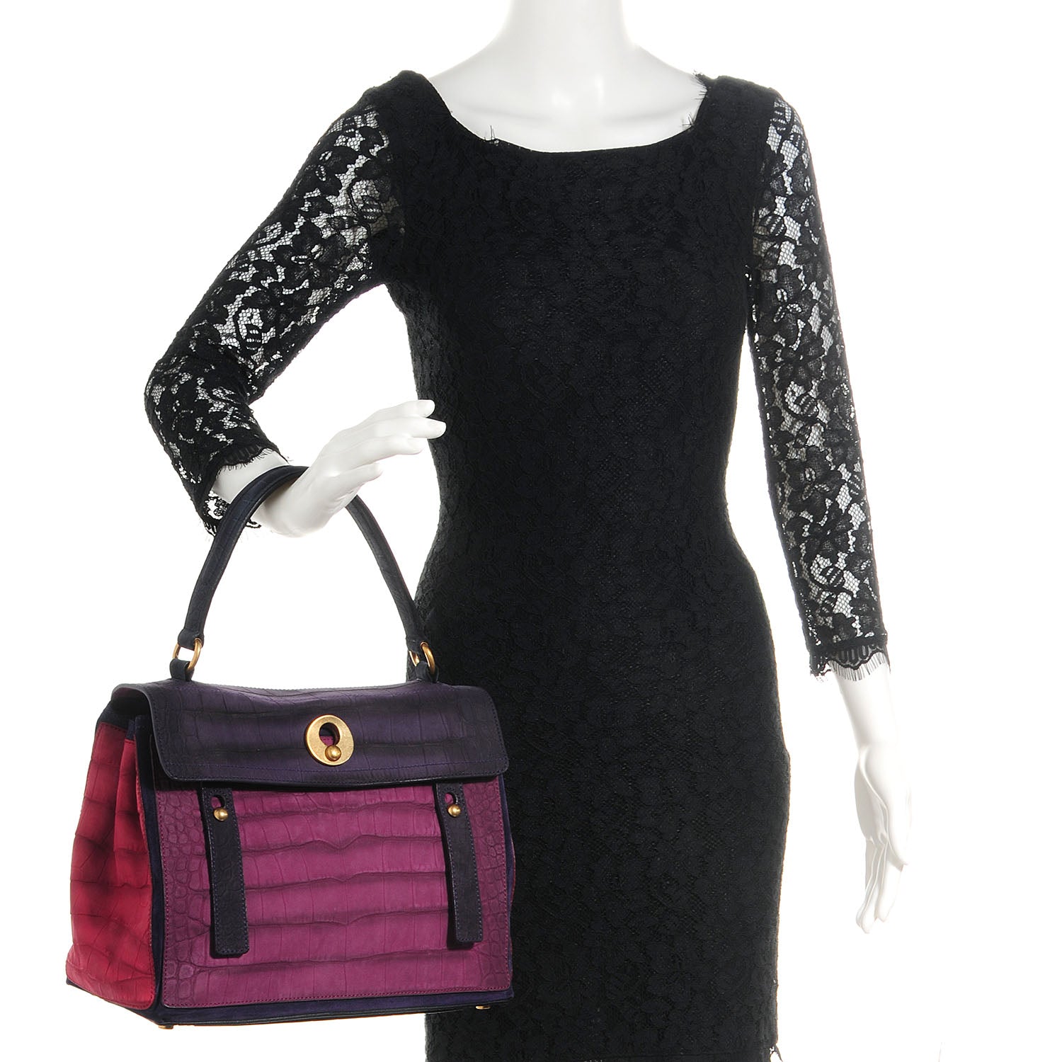 Saint Laurent Nubuck Crocodile Embossed Medium Muse Two Mauve Fuschia 2 of 7