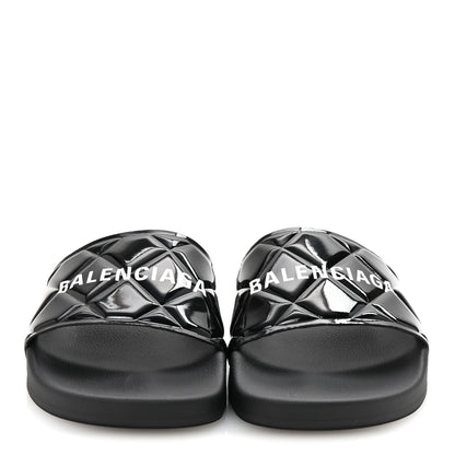 Balenciaga Patent Rubber Logo Womens Pool Slide Sandals 38 Black White 3 of 9