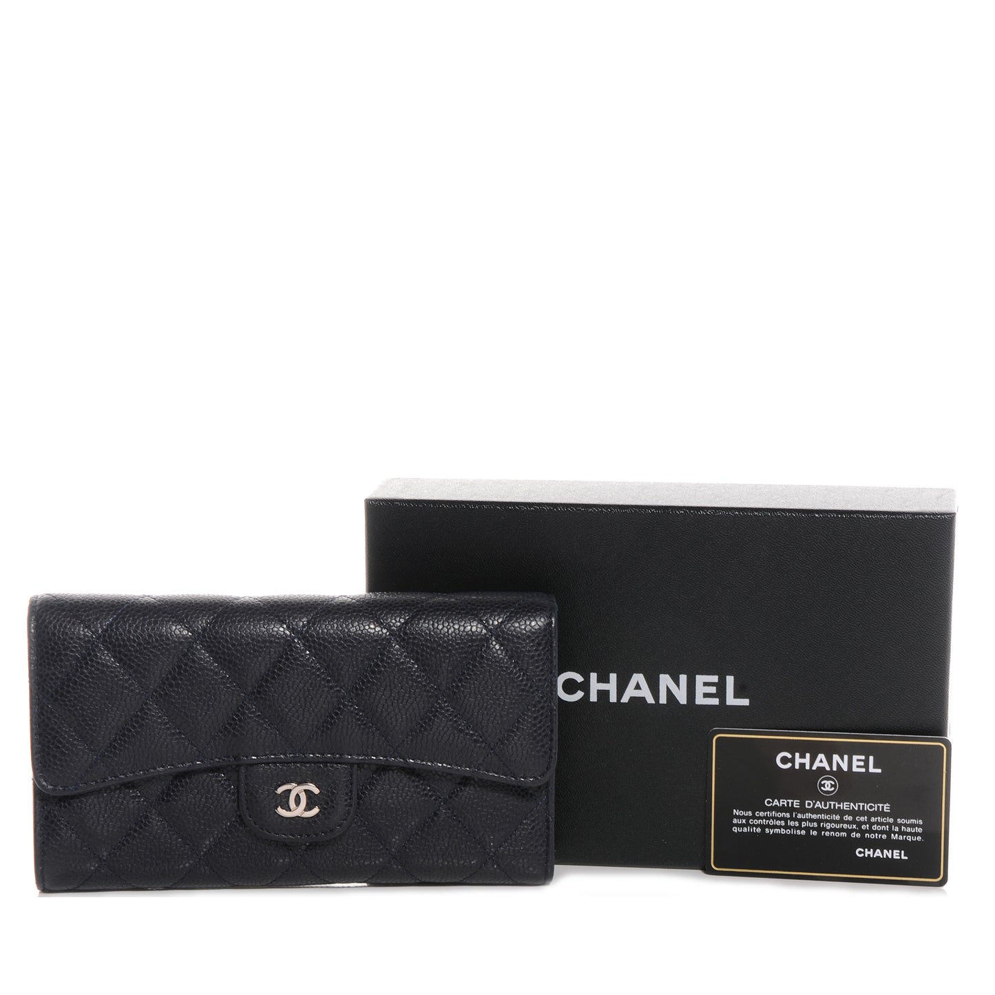 Caviar Quilted Long Flap Wallet Navy Blue