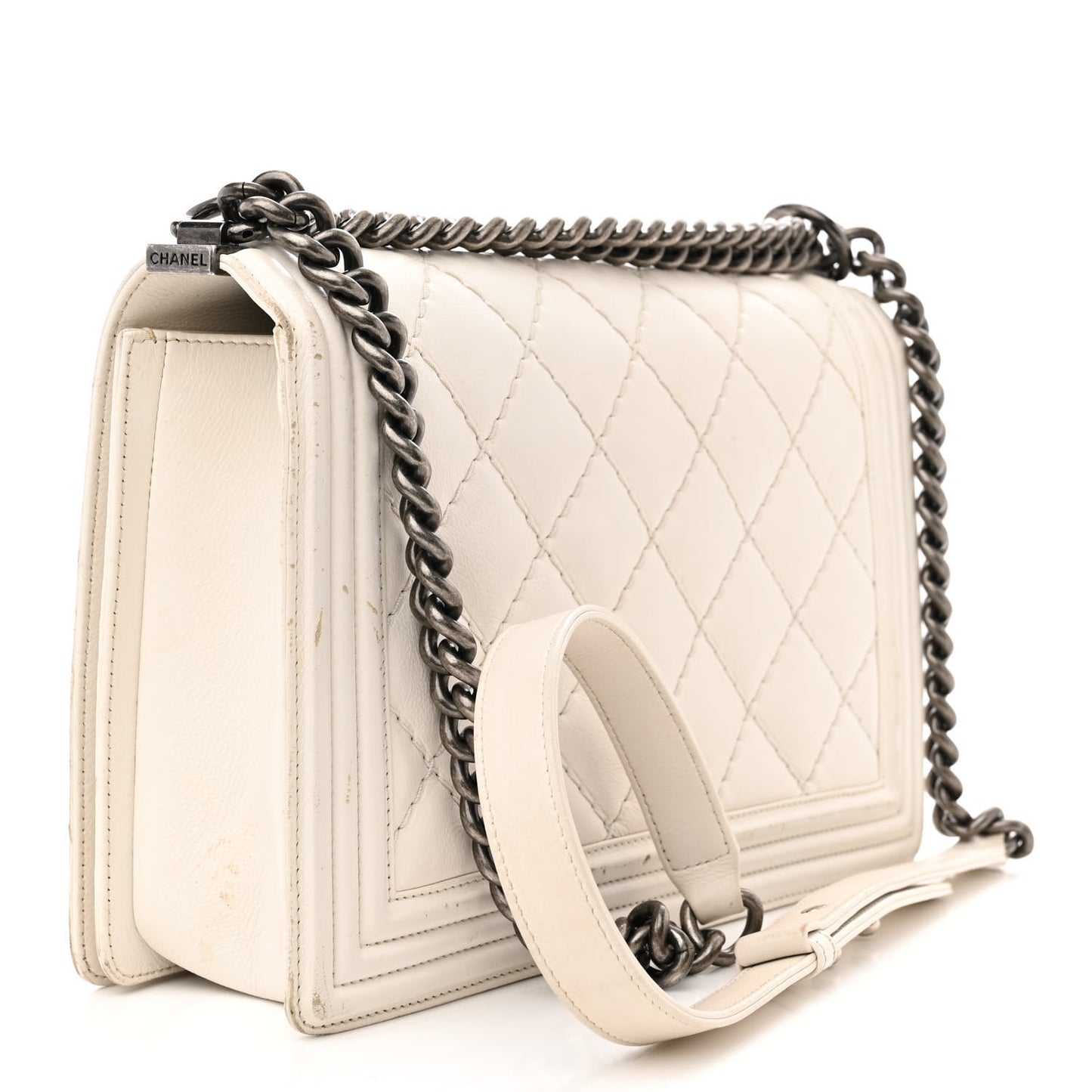 Calfskin Double Stitch New Medium Boy Flap White