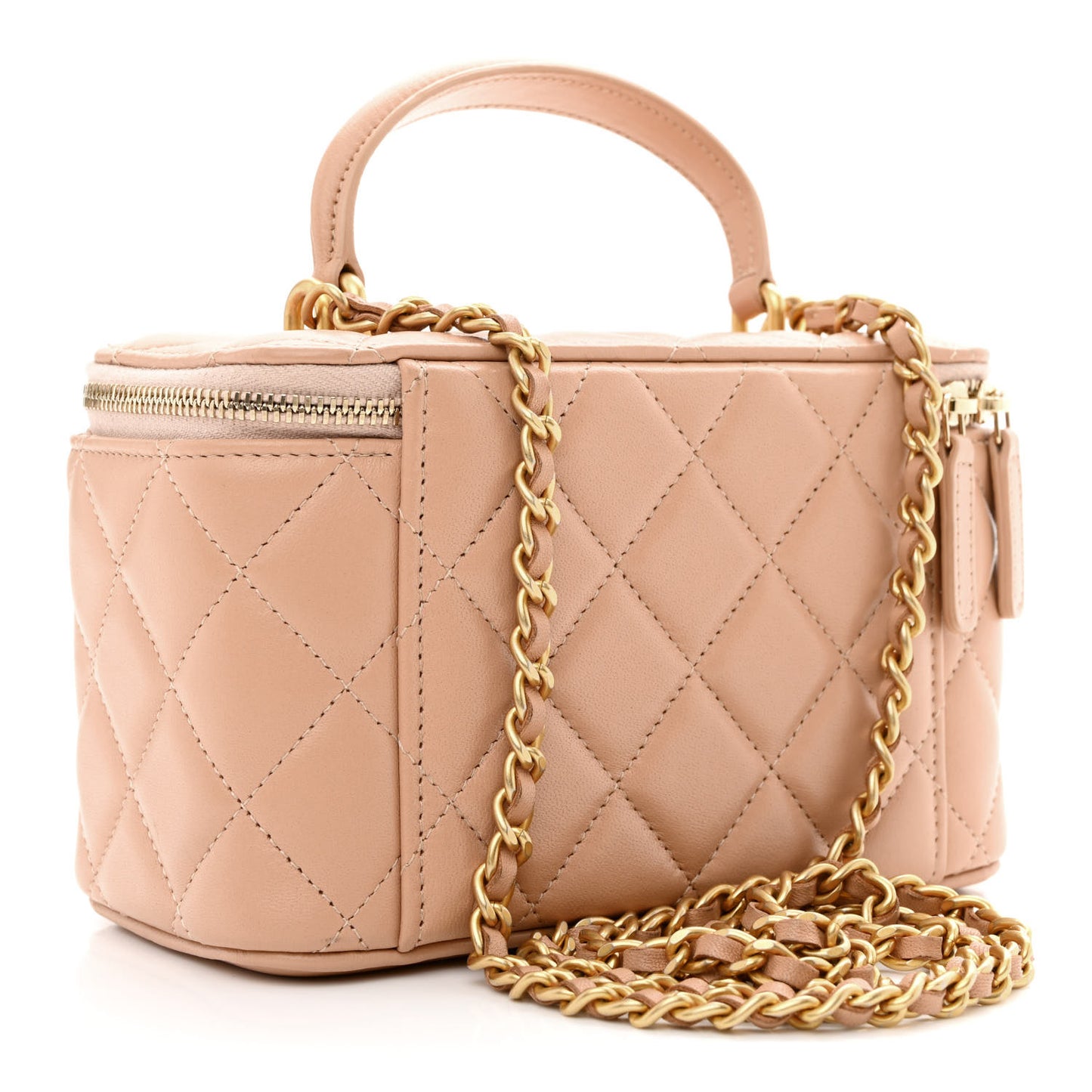 Lambskin Quilted Small Top Handle Vanity Case With Chain Beige