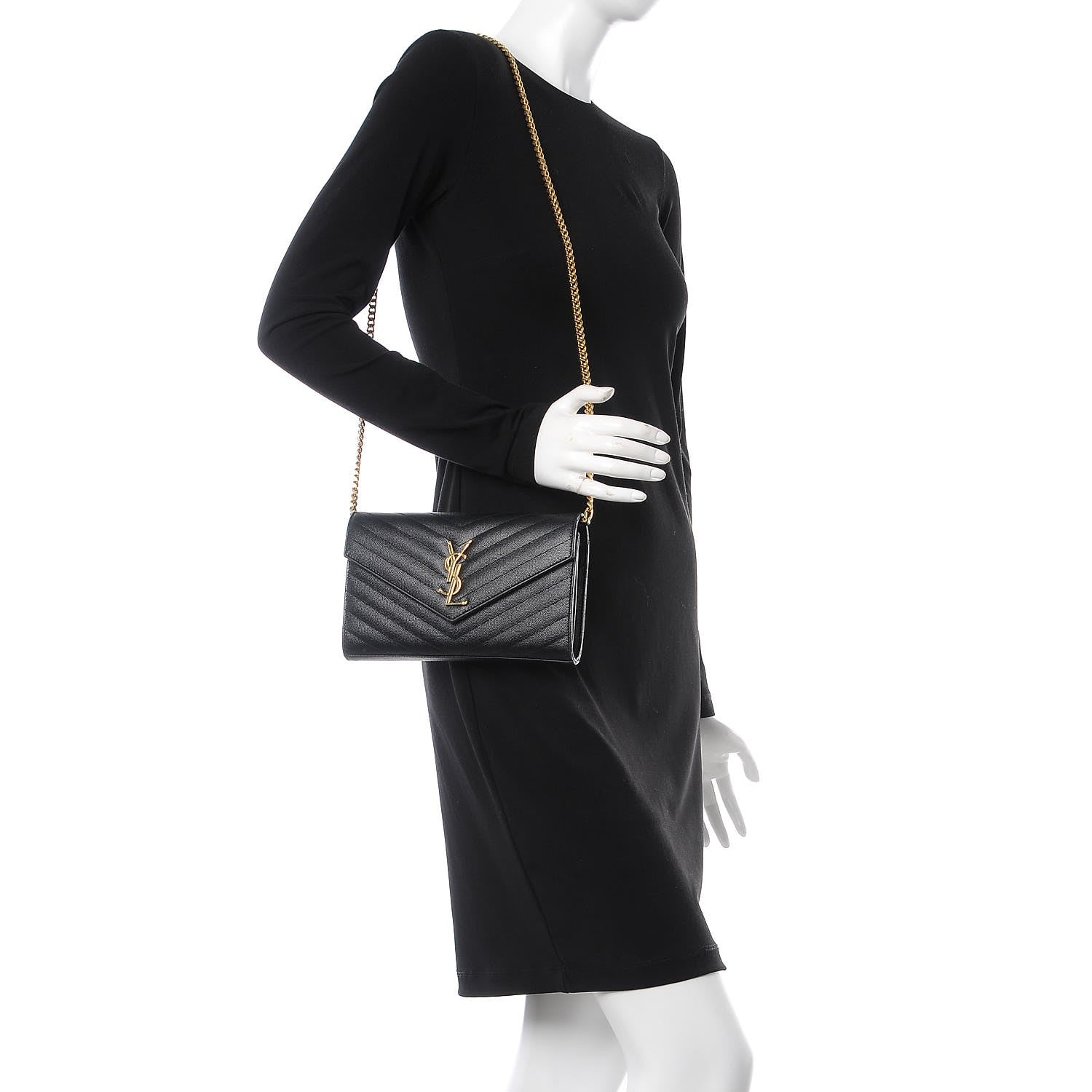 Saint Laurent Grain De Poudre Matelasse Chevron Monogram Chain Wallet Black 2 of 8