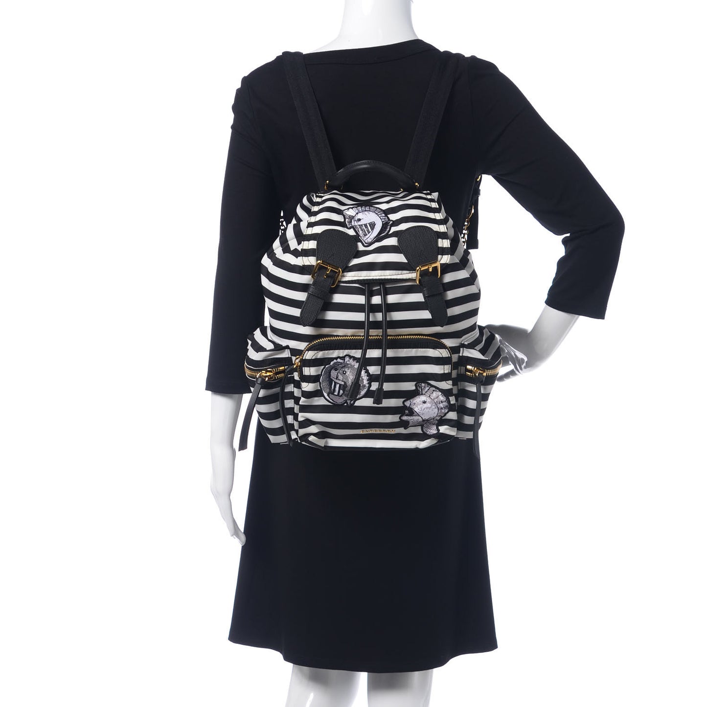 Nylon Striped Medium Rucksack Backpack Black White