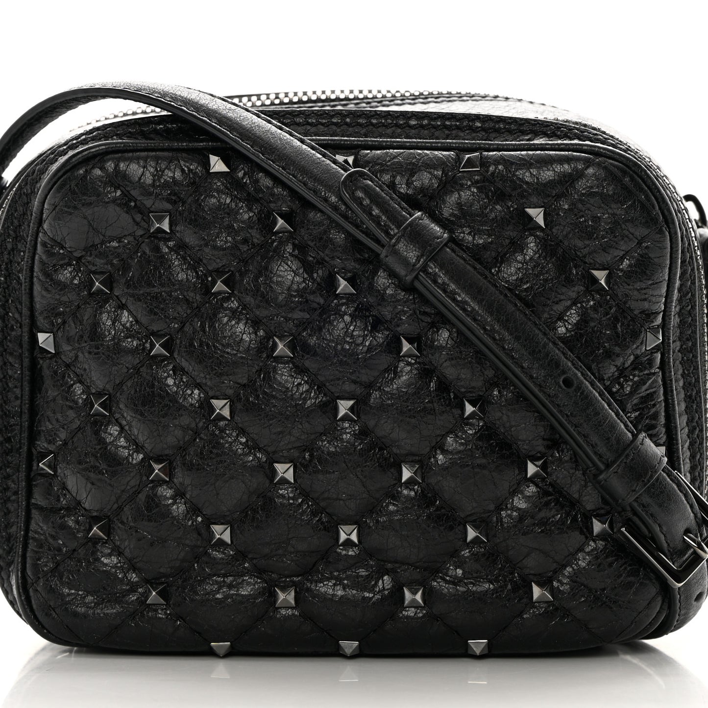 Craquele Nappa Rockstud Spike Double Zip Camera Crossbody Bag Black