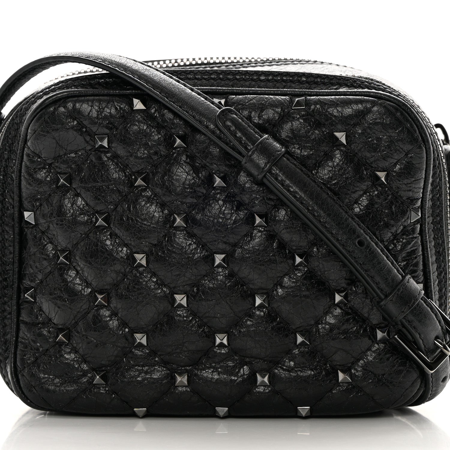 Valentino Garavani Craquele Nappa Rockstud Spike Double Zip Camera Crossbody Bag Black 8 of 13