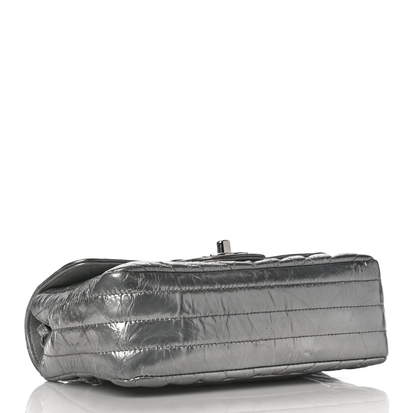 Patent Metallic Crumpled Calfskin Chevron Quilted Mini Rectangular Flap Silver