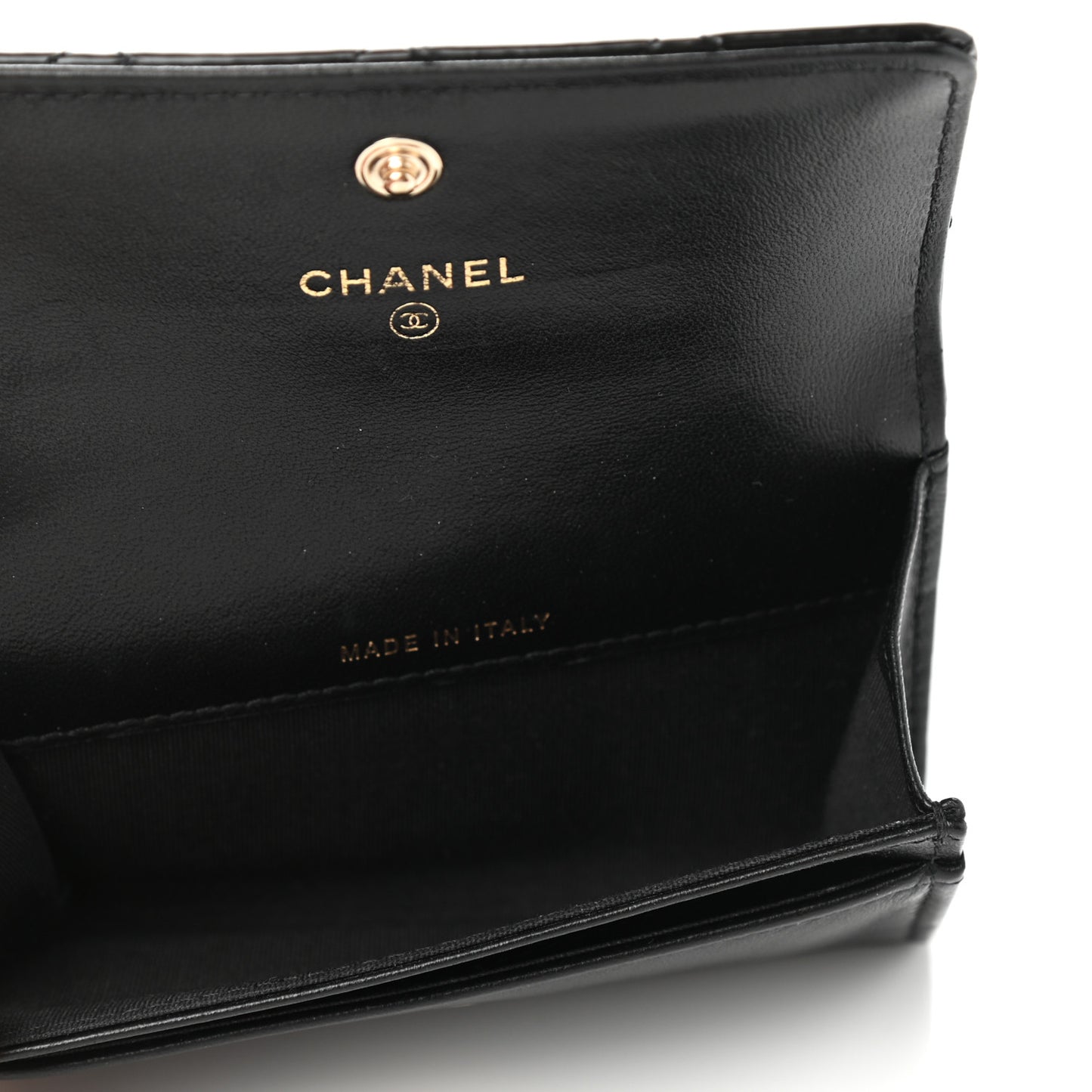 Patent Calfskin Quilted Flap Card Holder Black