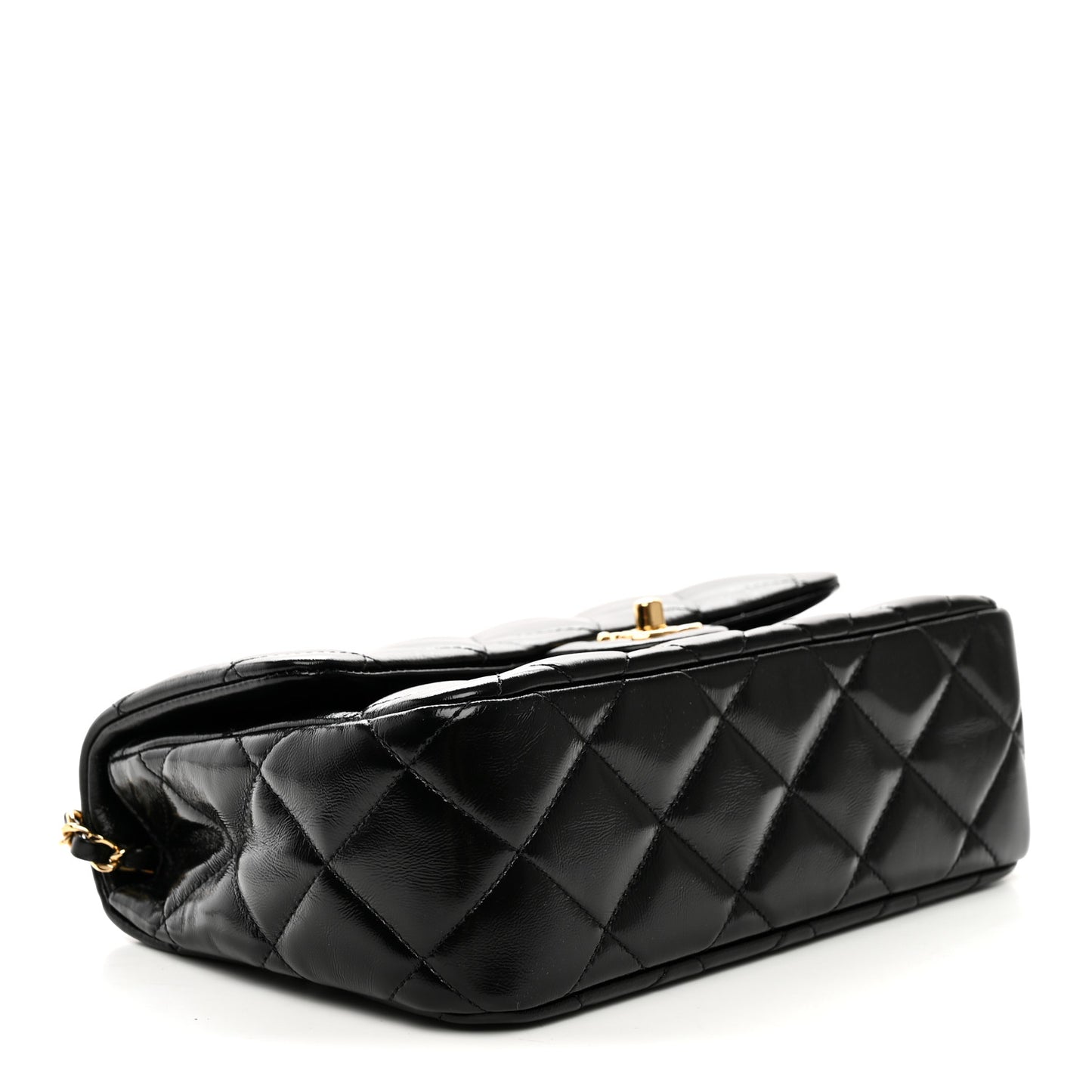 Shiny Lambskin Quilted Twisted Links Top Handle Flap Black