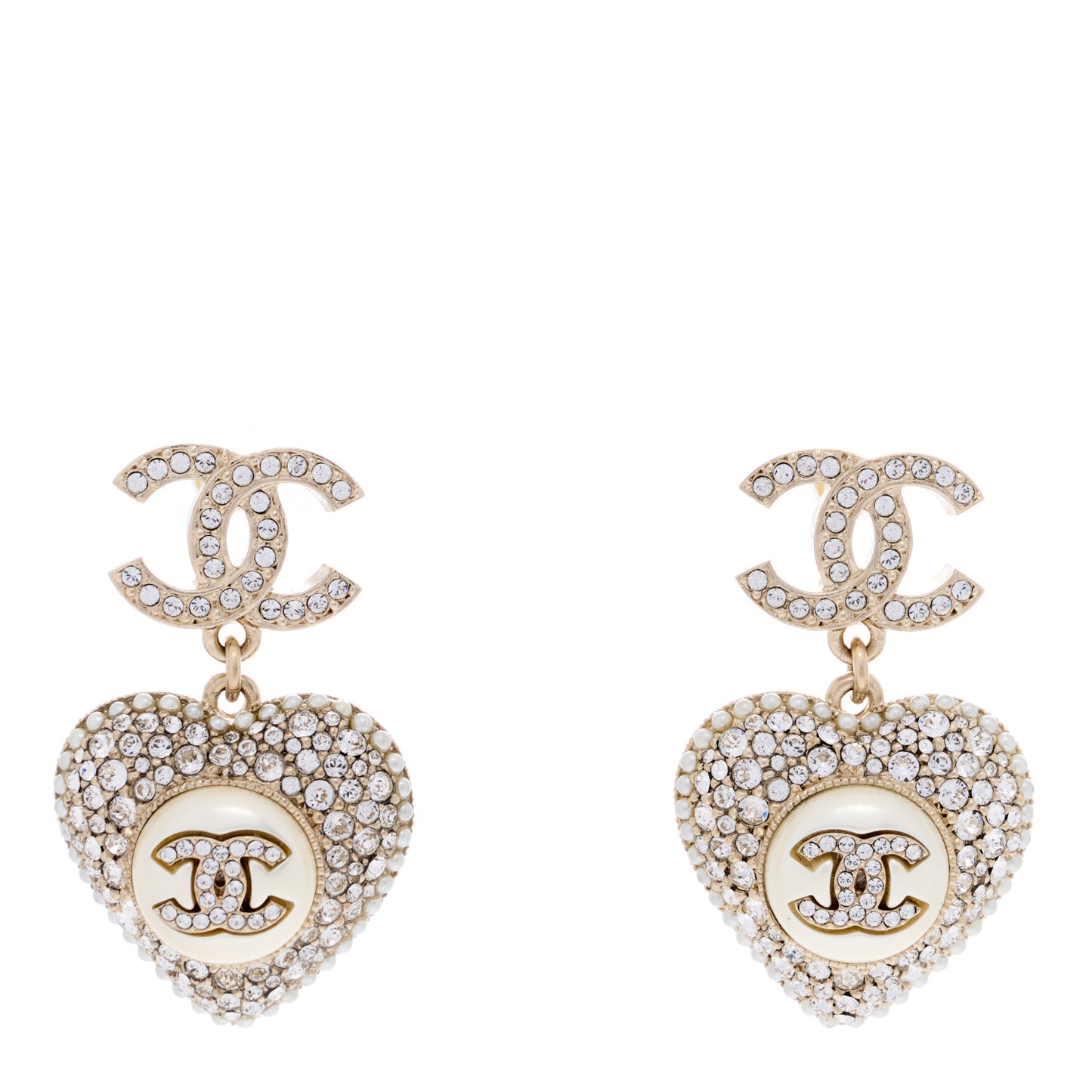 Pearl Crystal CC Heart Drop Earrings Gold White