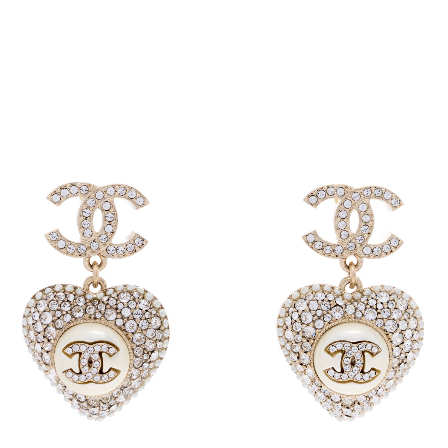 Chanel Pearl Crystal CC Heart Drop Earrings Gold White 1 of 4