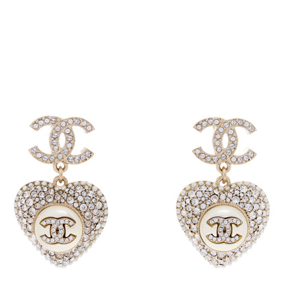 Chanel Pearl Crystal CC Heart Drop Earrings Gold White 1 of 4