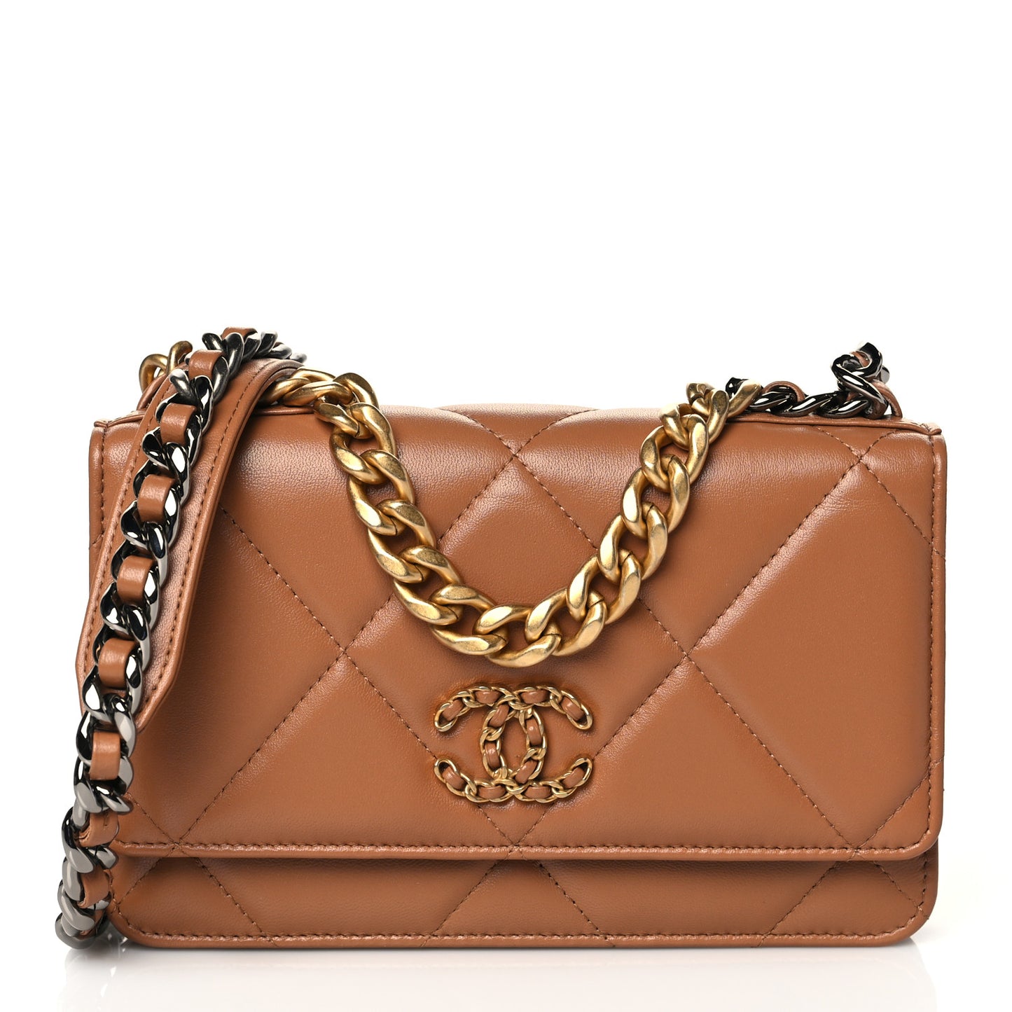 Lambskin Quilted Chanel 19 Wallet On Chain WOC Brown