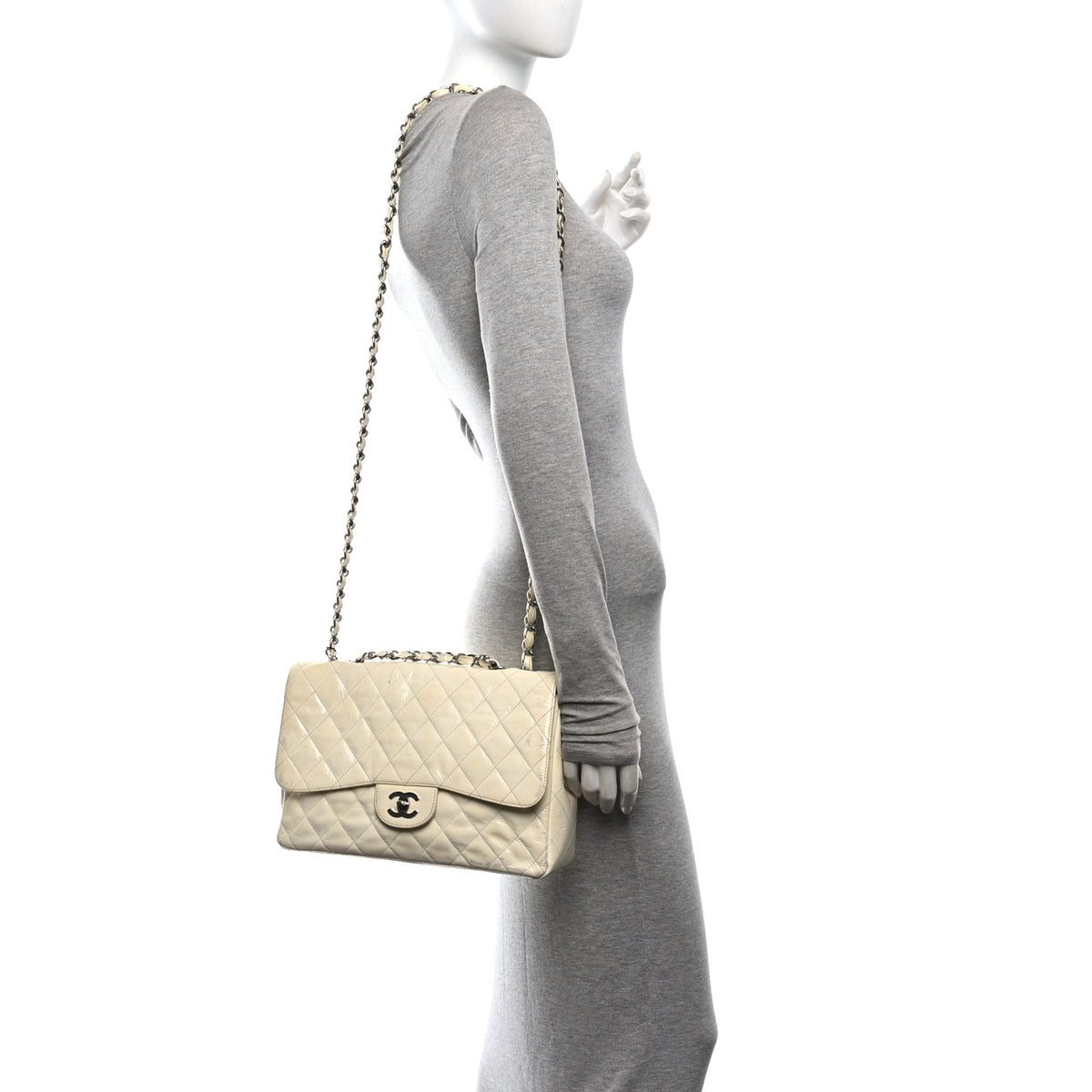 Chanel Distressed Patent Jumbo Single Flap White 2 of 12