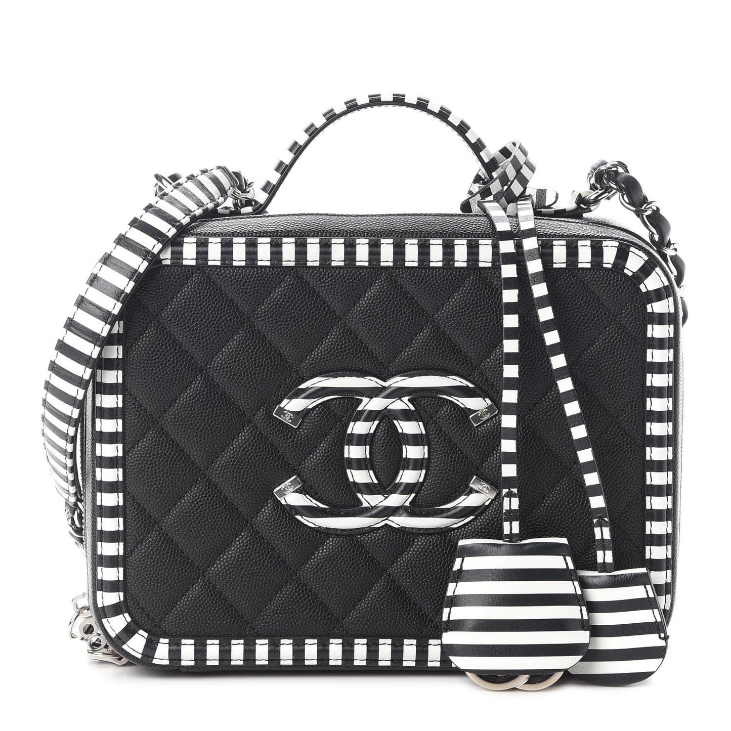 Caviar Quilted Striped Medium CC Filigree Vanity Case Black White
