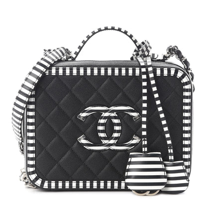 Chanel Caviar Quilted Striped Medium CC Filigree Vanity Case Black White 1 of 10