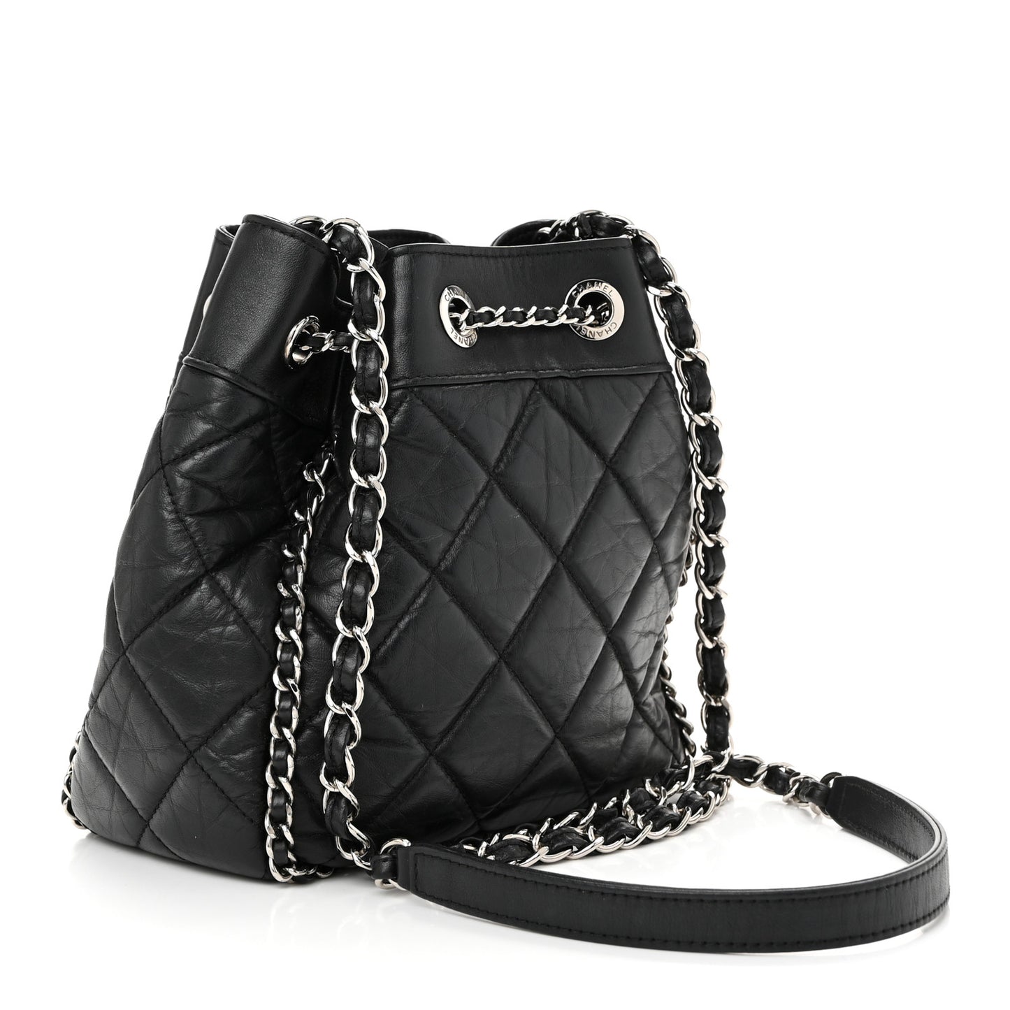 Crumpled Calfskin Quilted Chain All Over Drawstring Bucket Bag Black