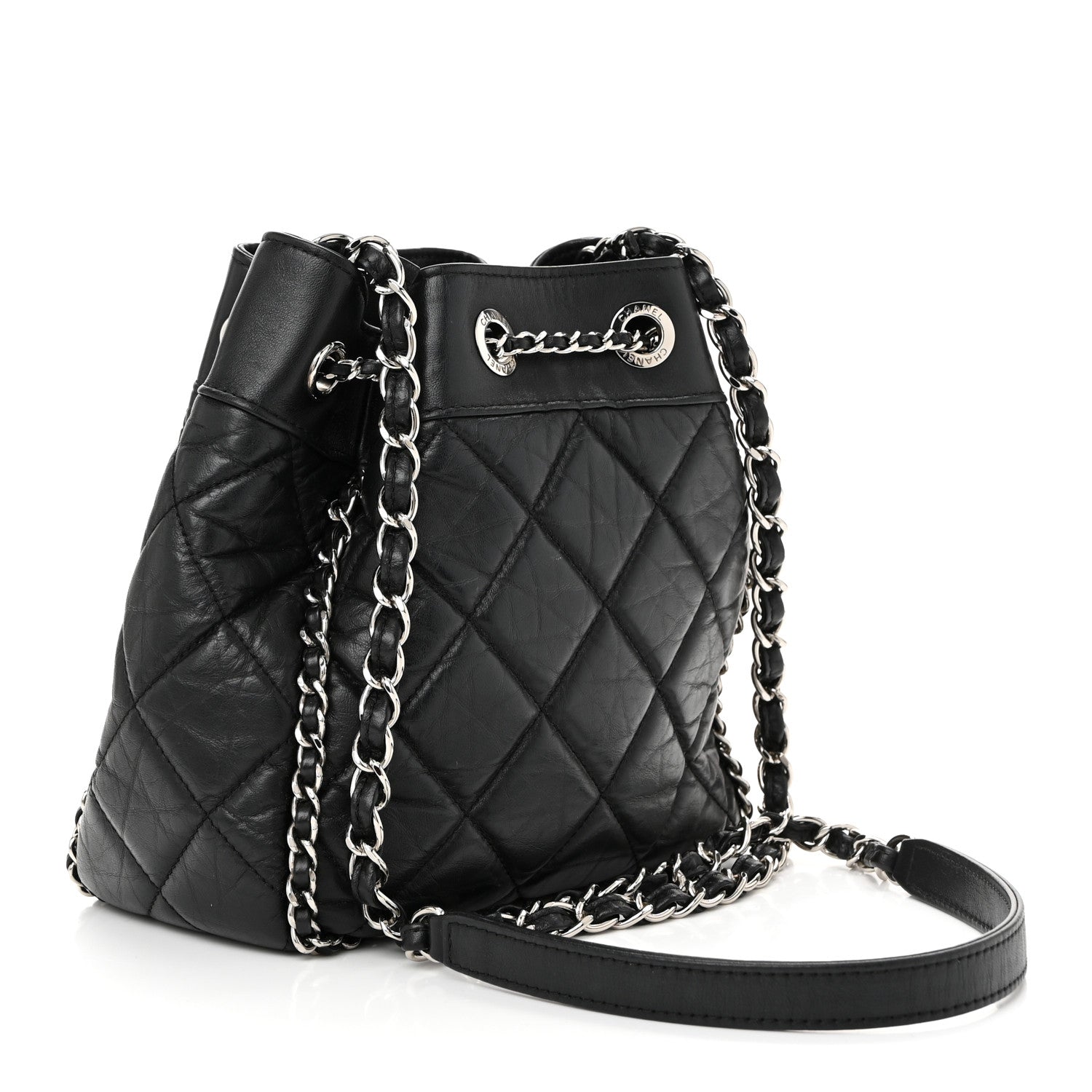 Chanel Crumpled Calfskin Quilted Chain All Over Drawstring Bucket Bag Black 3 of 10