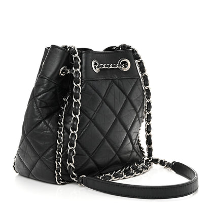 Chanel Crumpled Calfskin Quilted Chain All Over Drawstring Bucket Bag Black 3 of 10