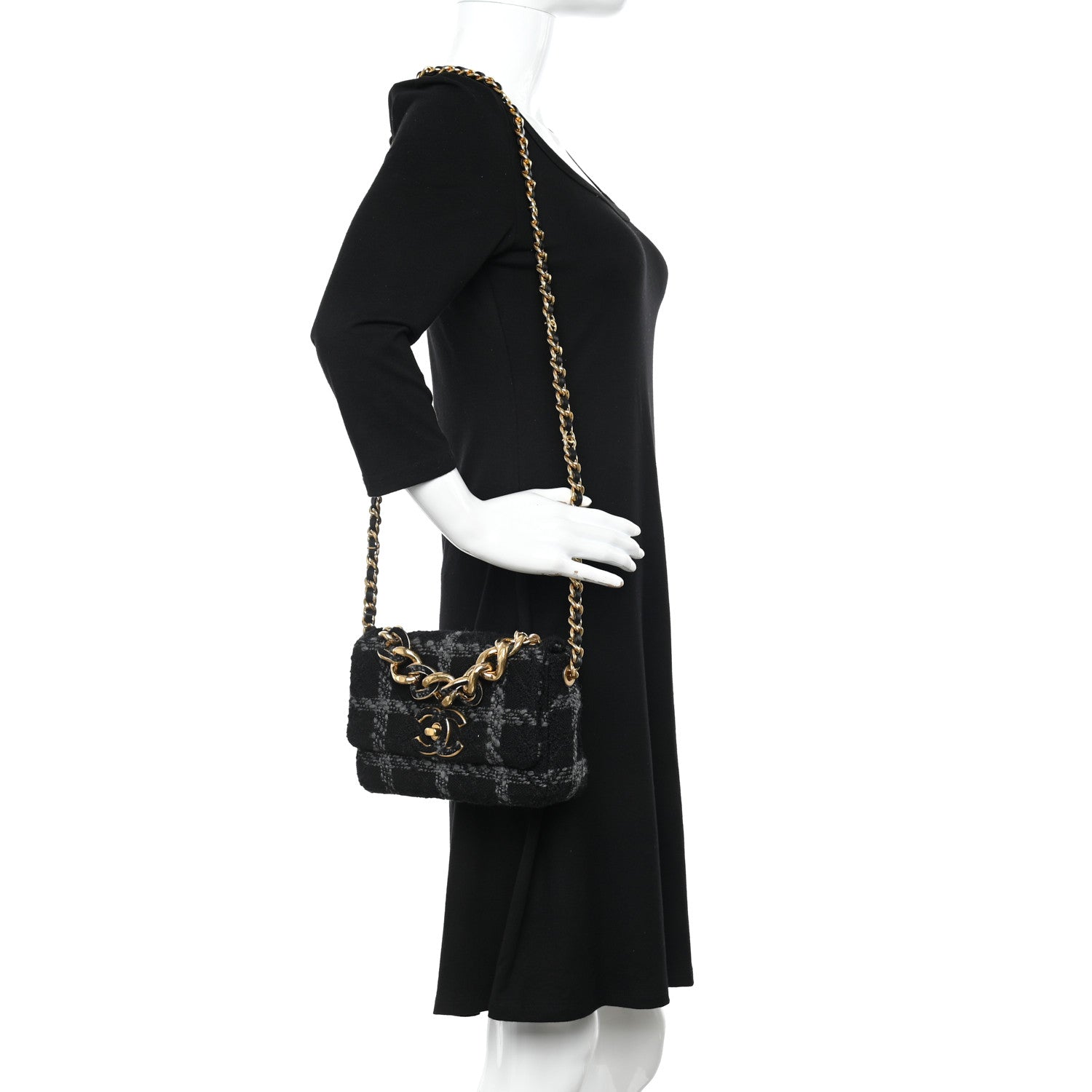 Chanel Wool Tweed Quilted Small Elegant Chain Flap Black Grey 2 of 10